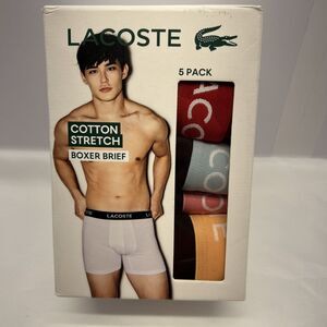 LACOSTE Boxer Briefs Mens XX L Black Colored Bands 5-Pack Stretch Cotton NEW